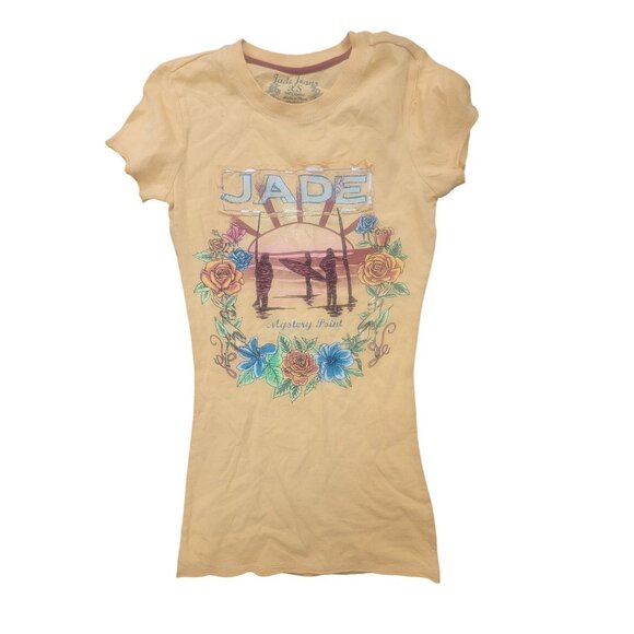Jade Jeans Womens XS Yellow Graphic Tee 100% Cotton Floral Print Mystery Paint - Picture 1 of 5